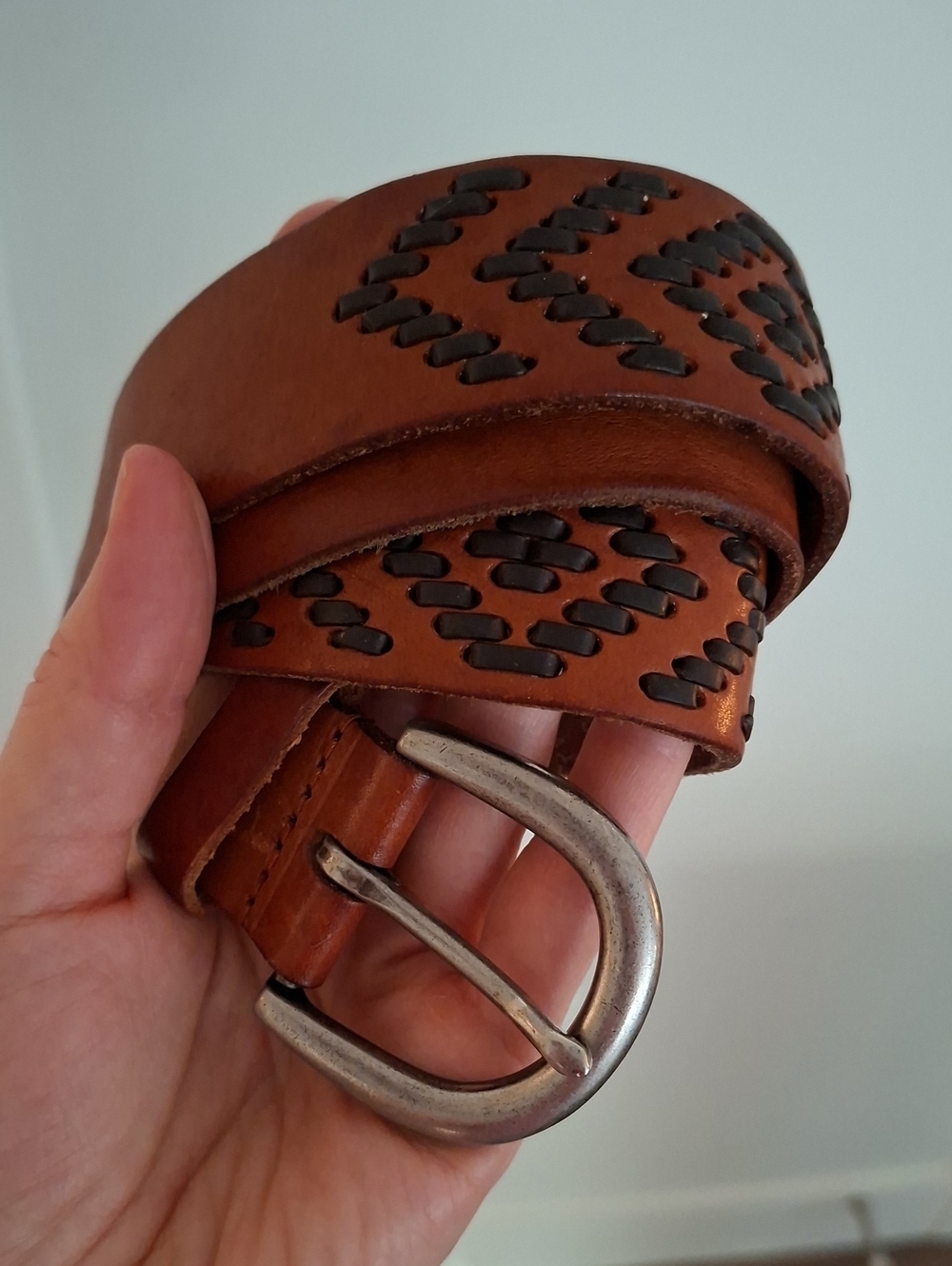 Tan & Brown Leather Belt with Blanket Stitch Detail & Silver Buckle (M/L)